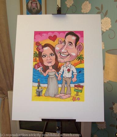 Wedding caricature with large mount for guests to sign.