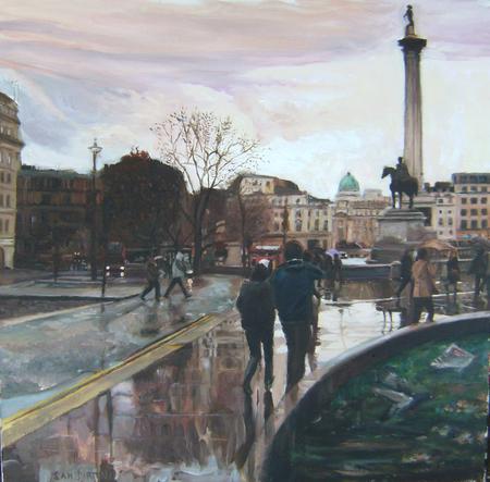 Trafalgar Square, London after a rainstorm