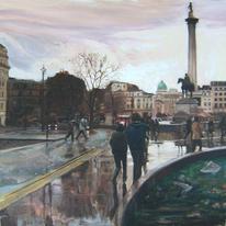 Trafalgar Square, London after a rainstorm